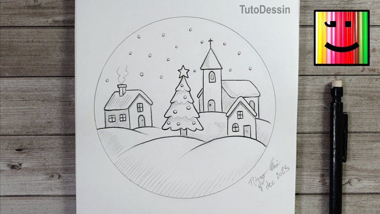 Comment dessiner un joli village enneig&eacute; pendant No&euml;l | Tuto magique au crayon