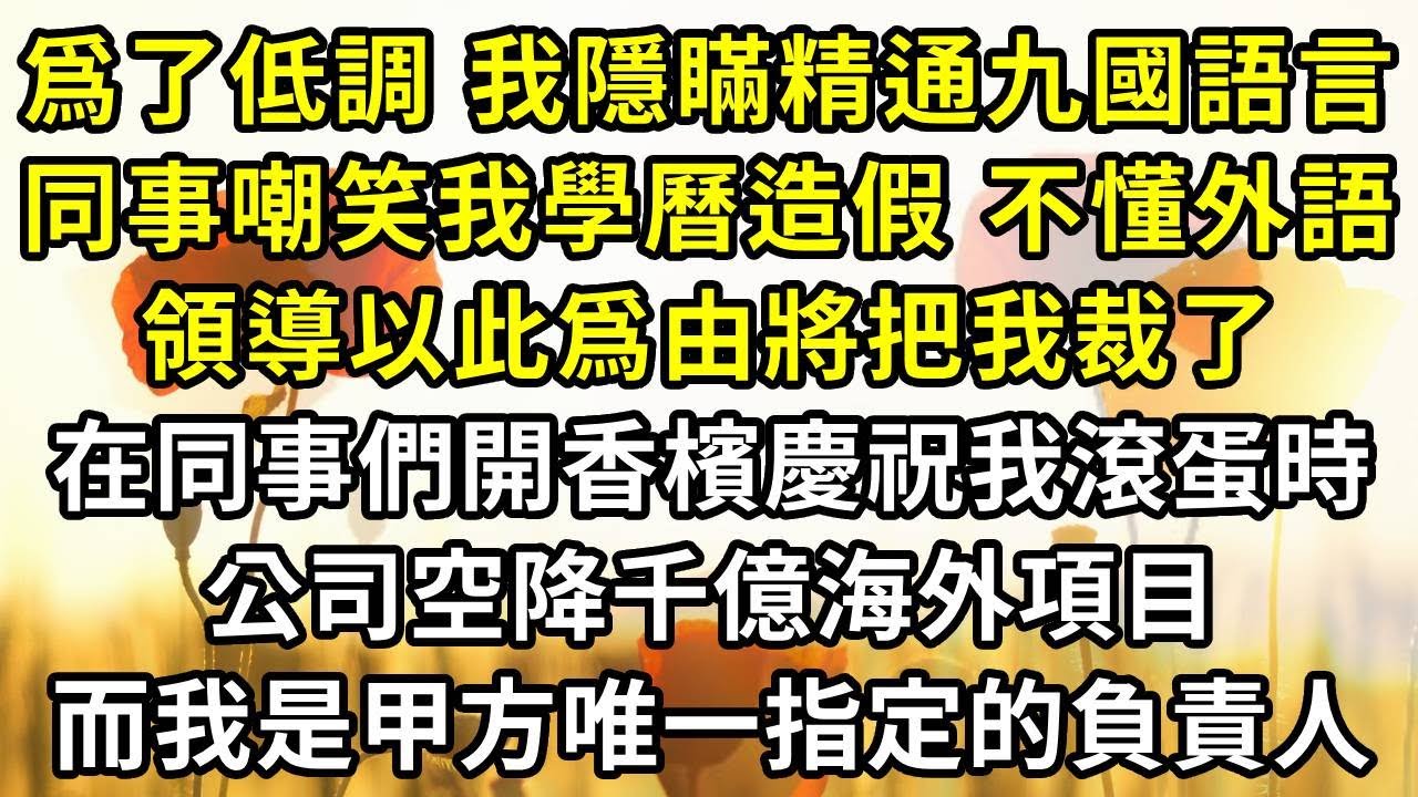 爲了低調，我隱瞞精通九國語言，同事嘲笑我學曆造假，不懂外語，領導以此爲由將我列入裁員名單。在同事們開香檳慶祝我滾蛋時，公司空降千億海外項目，而我是甲方唯一指定的負責人