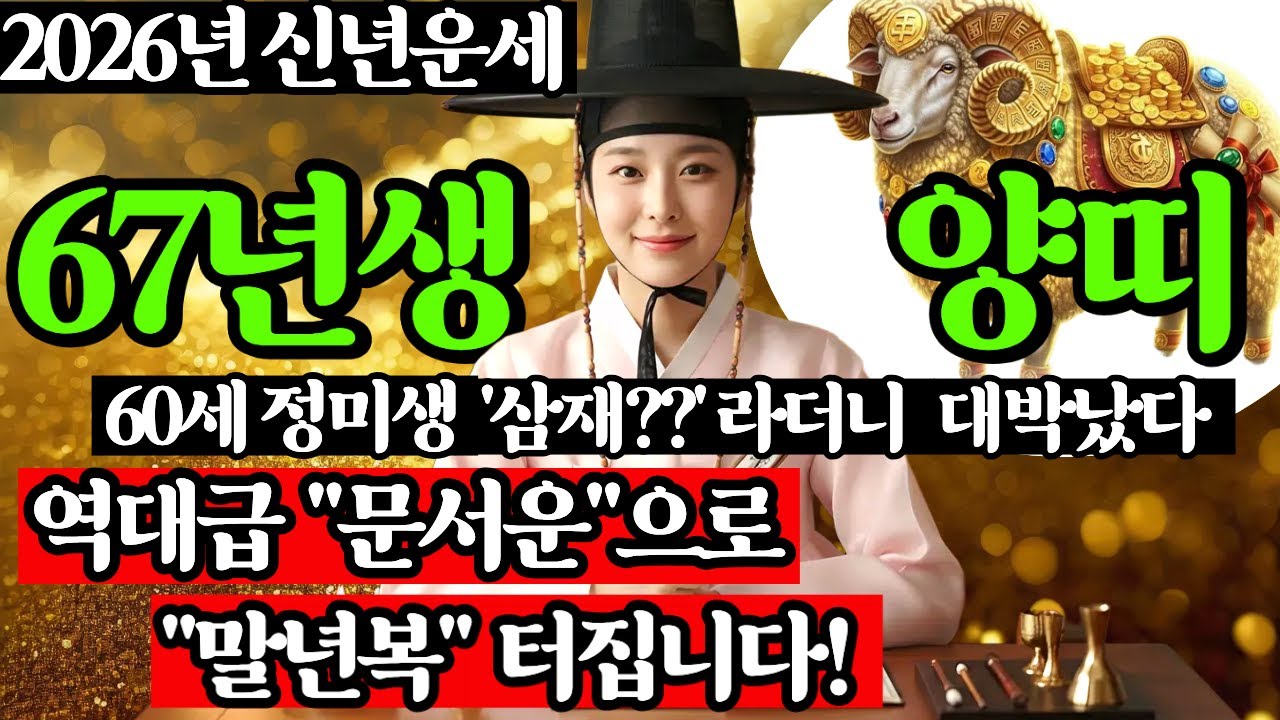 🐑67년생 양띠 축하합니다 | 2026년 드디어 재물로 보상받을 시간입니다! 특히 문서운으로 환갑에 웃는 67년 정미생! | 복삼재 천운이 돕는 비방 공개 | 2026년양띠운세
