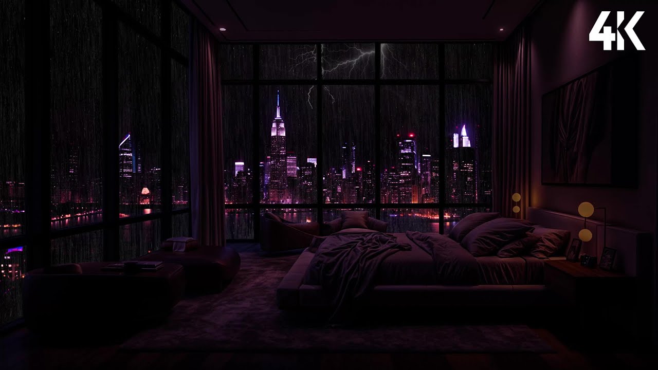 Luxury NYC Penthouse at Night 🌃🌧️ City Rain Sounds for Sleep & Relaxation | Rain Ambience