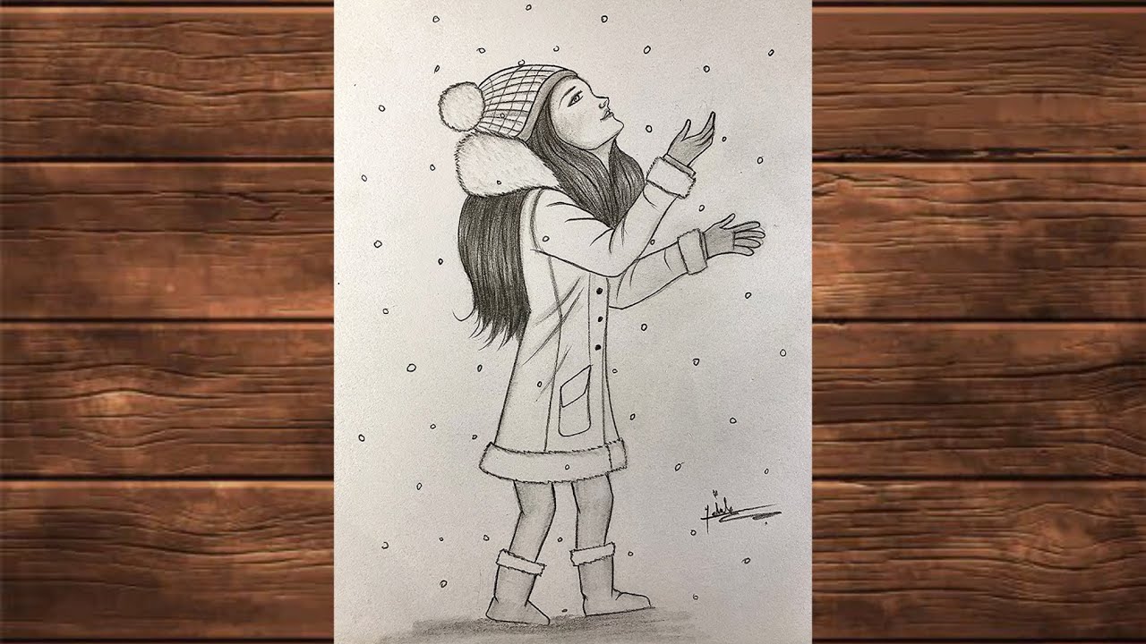 How to draw a girl enjoying snowfall | Winter snowfall scenery drawing | Winter scenery drawing
