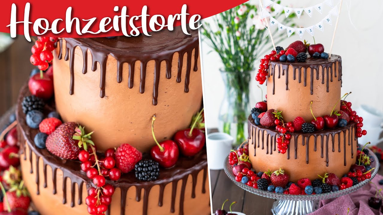 Zweistöckige Schoko Hochzeitstorte mit Beeren und Chocolate Drip