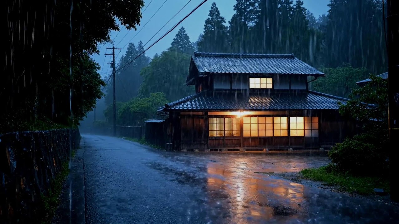 Calming Midnight Rain Sounds on an Empty Silent Road Near a Warm Wooden House