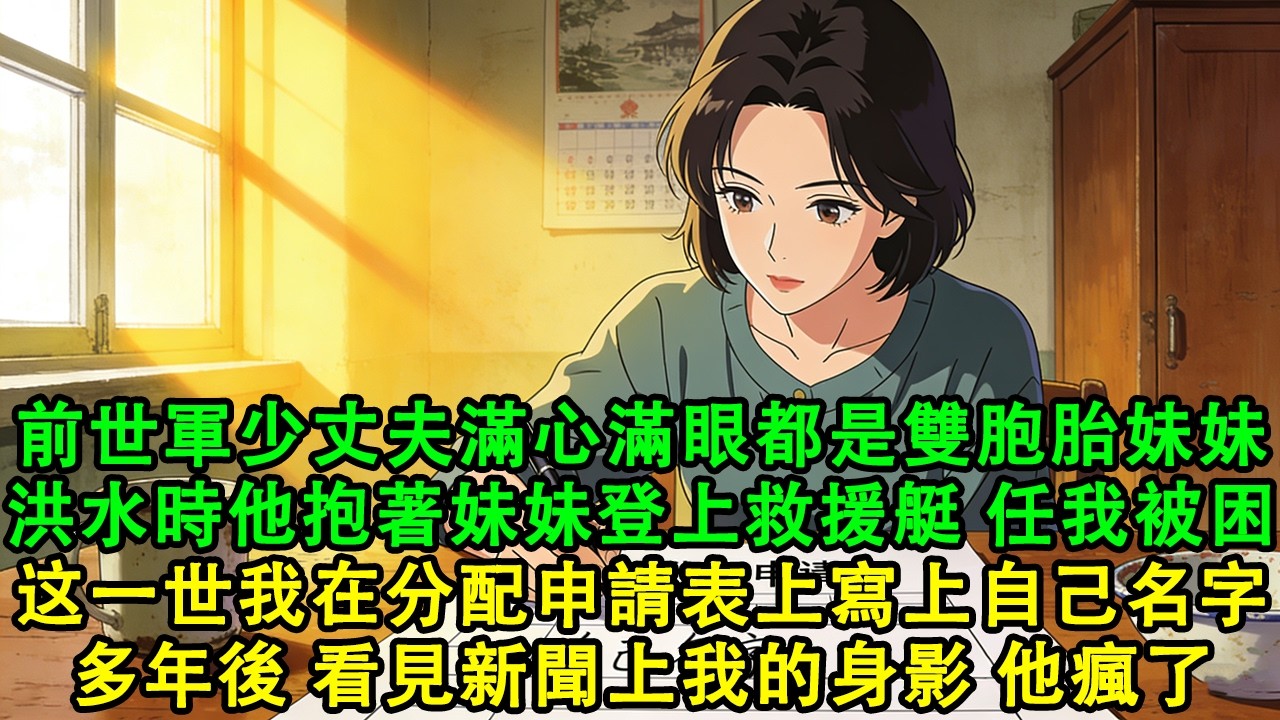 【完結爽文】前世丈夫滿心滿眼都是雙胞胎妹妹，洪水爆發時他抱著妹妹登上救援艇任我被洪水圍困。這一次我在分配申請表上寫上名字，多年後看見新聞上我的身影他瘋了#故事 #重生 #爽文 #情感 #小說 #完結