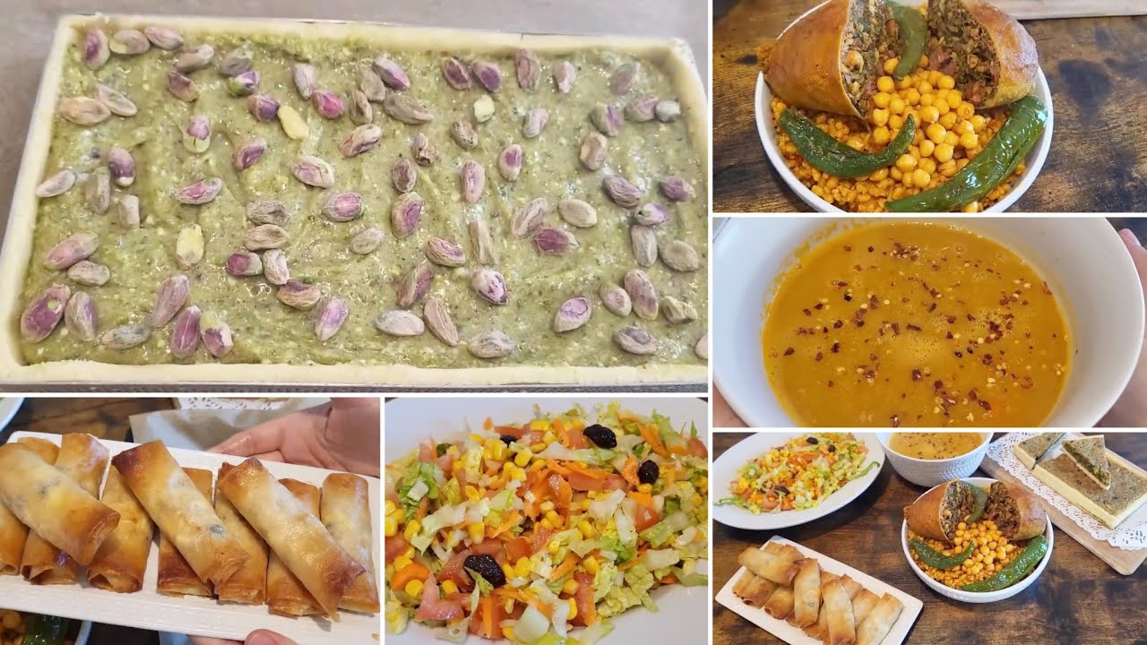 طاولة أو دبارة سادس يوم رمضان⭐🌙 برغل مفور بالعصبان مع بريك في الفرن مع سلاطة و شربة عدس و تارت قسدق
