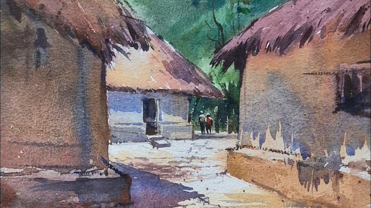 Beautiful village scenery | easy watercolor painting step by step