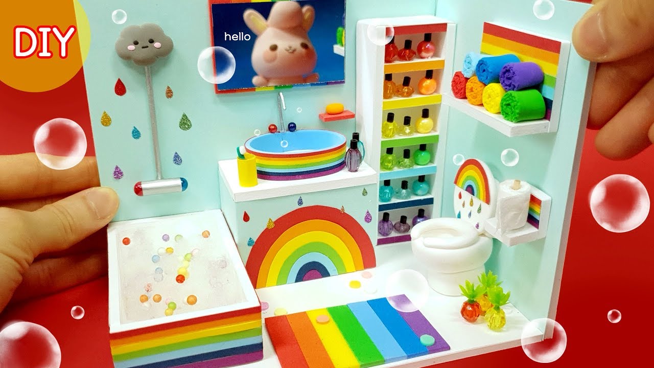 DIY Miniature Dollhouse Bathroom -  Rainbow bathroom decor !!