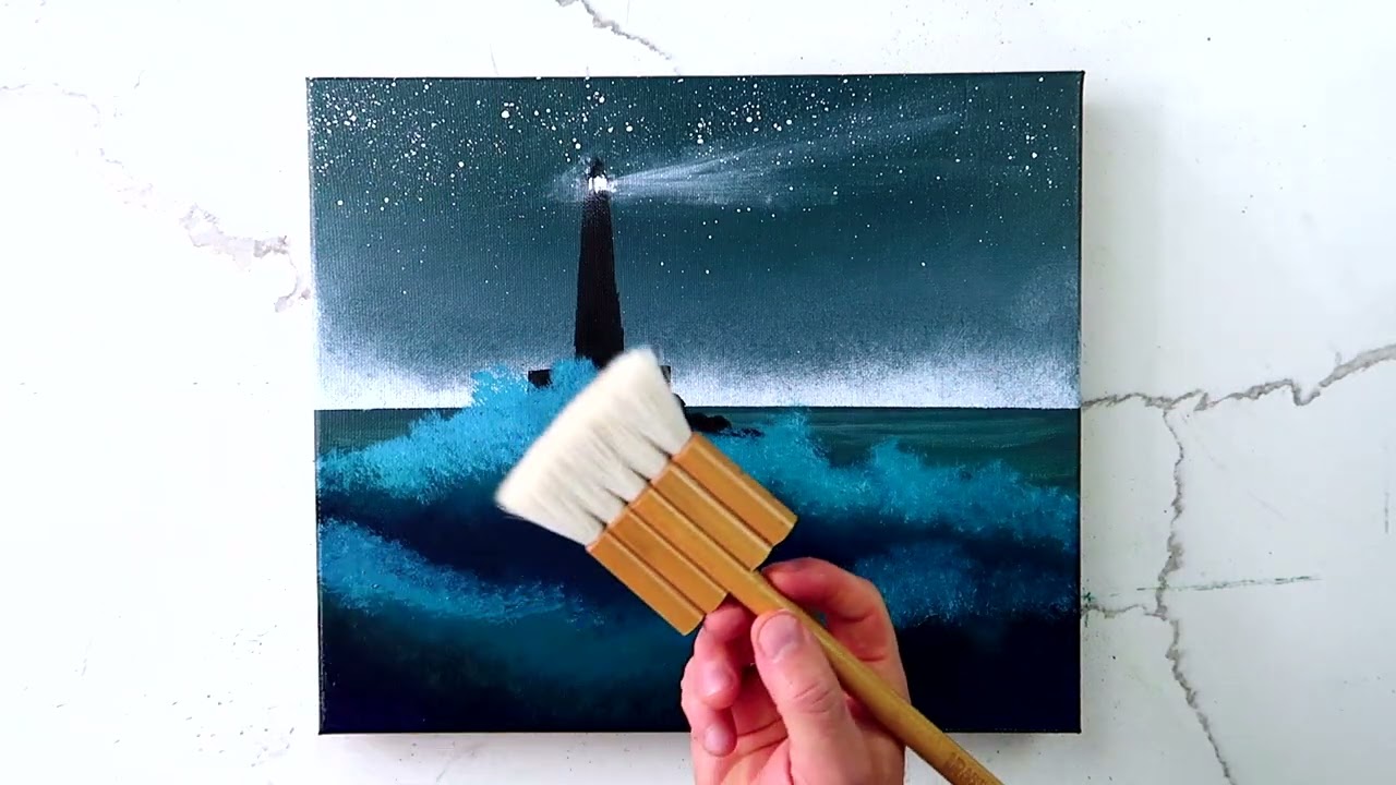 How to Paint a Night Lighthouse | Glowing Sky & Ocean Waves | Easy Acrylics for Beginners
