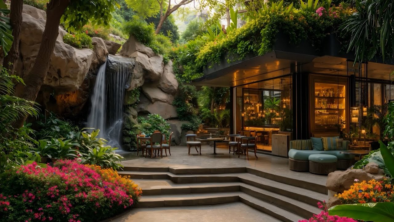 Smooth Jazz at an Outdoor Coffee Shop 🍃 Forest Waterfall Ambience for Relaxing Moments