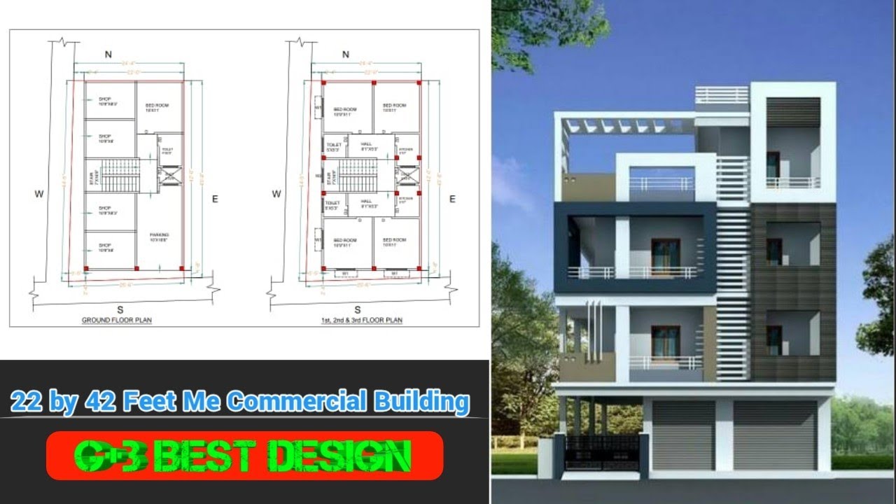 22 by 42 Feet me commercial building plan | G+3 commercial building ka naksha |shop | 2bhk ka 2 Flat