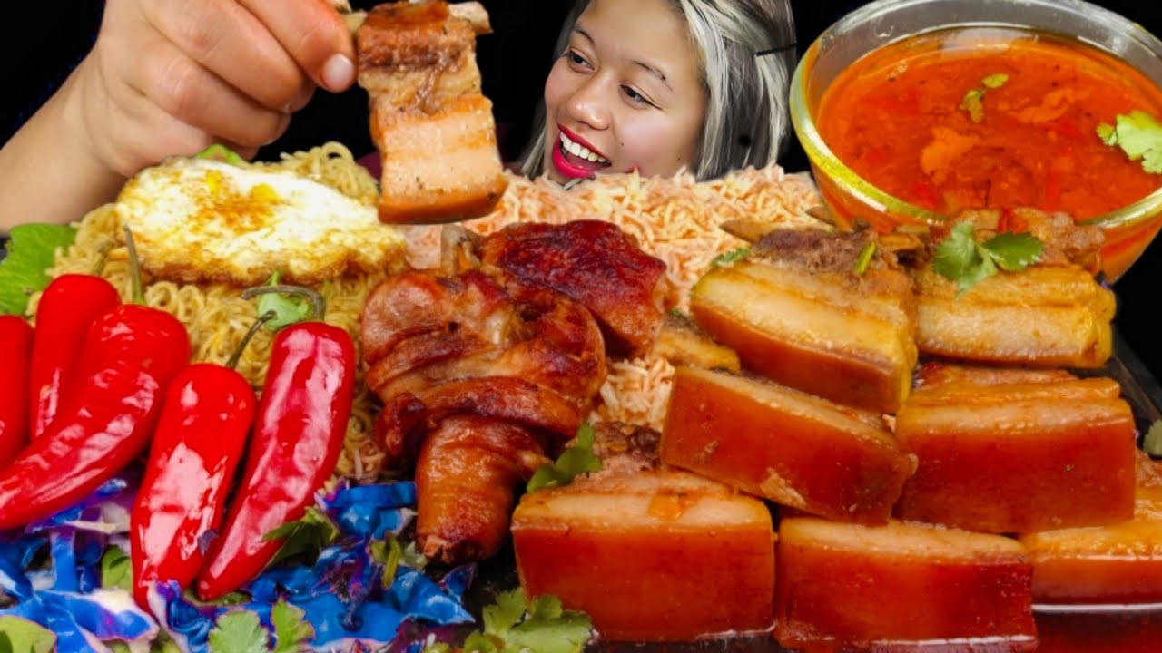MUKBANG ASMR||FATTY BRAISED PORK RIBS,CHICKEN LEG,BASMATI RICE,NOODLES,HALF FRIED EGG MUKBANG ASMR 🔥