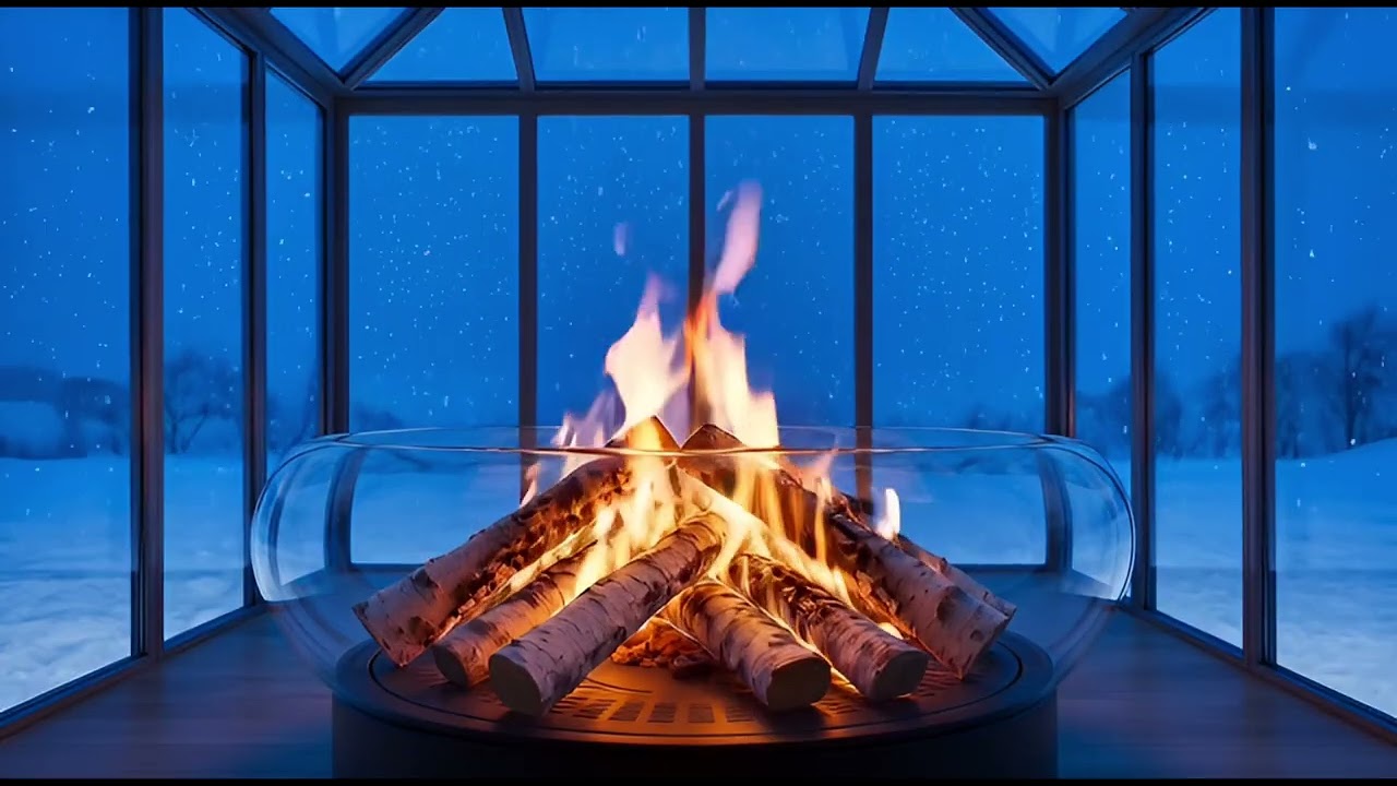 ❄️ 1 HOUR Cozy Fireplace in Glass House | Heavy Snowfall Ambience for Sleep & Study 📖