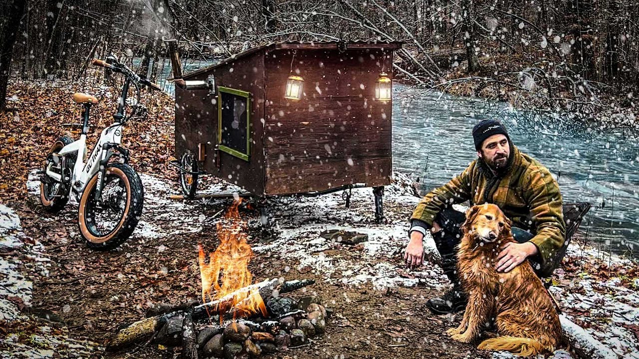 SNOWY NIGHT IN A BIKE CAMPER by a River!