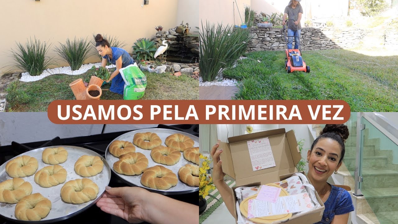 CUIDAMOS DO JARDIM, NOVAS PLANTAS, ESTREANDO O NOVO CORTADOR, ROSQUINHA DE NATA E BOLO DE BANANA