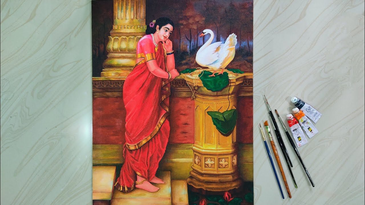 Recreation of Painting HAMSA DAMAYANTI by RAJA RAVI VARMA using Acrylic colour