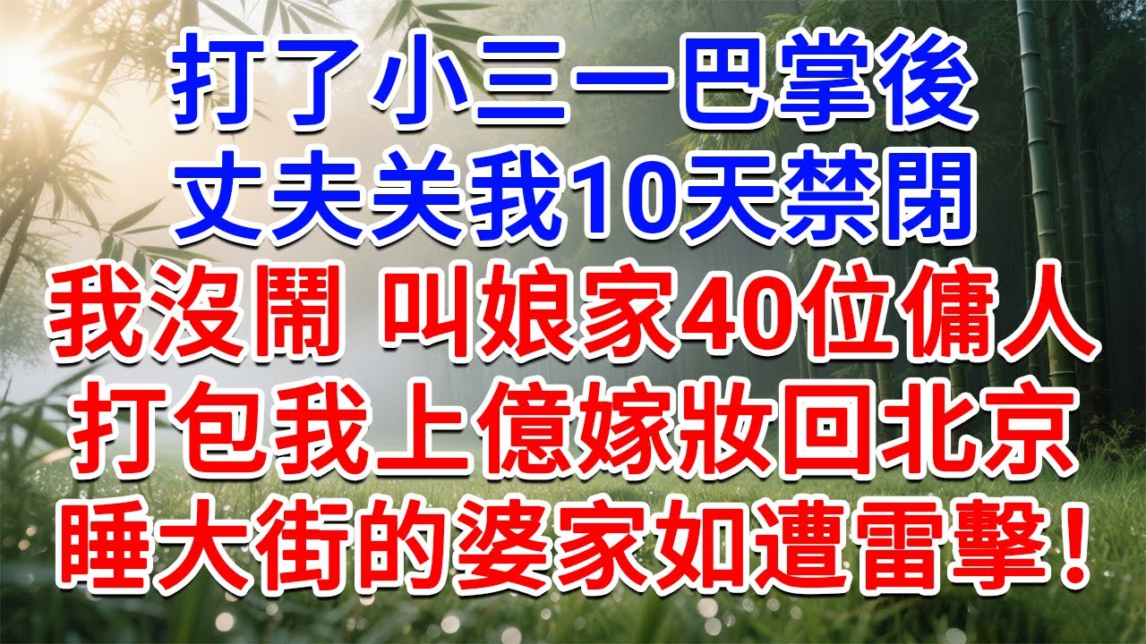 打了小三一巴掌後，老公關我10天禁閉！我沒鬧 叫娘家40位傭人，打包我上億嫁妝回北京，睡大街的婆家如遭雷擊！#為人處世#生活經驗#情感故事#故事#小說#戀愛#情感#婚姻