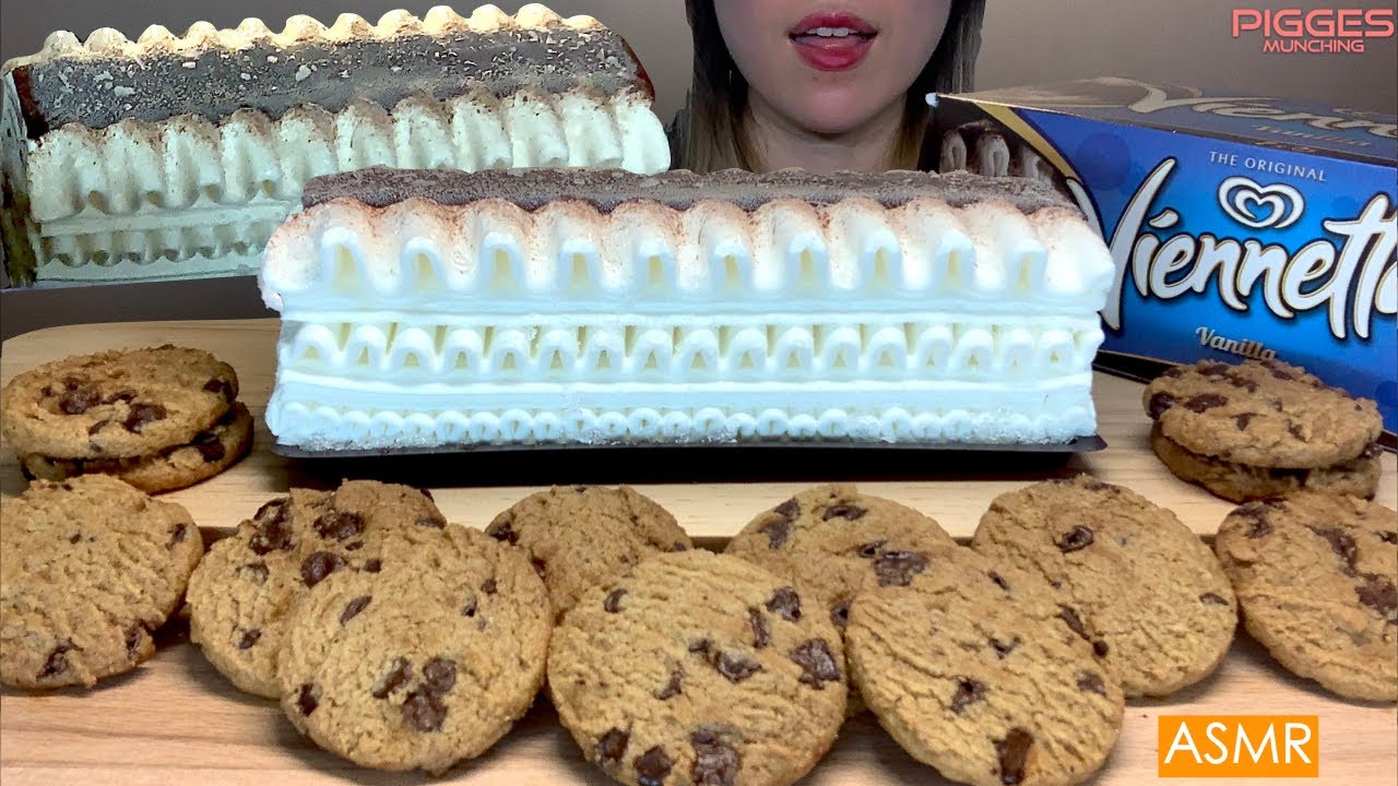 ASMR VIENNETTA CHOCOLATE VANILLA ICE CREAM CAKE w CHOCOLATE CHIP COOKIE MUKBANG Dessert Eating Sound