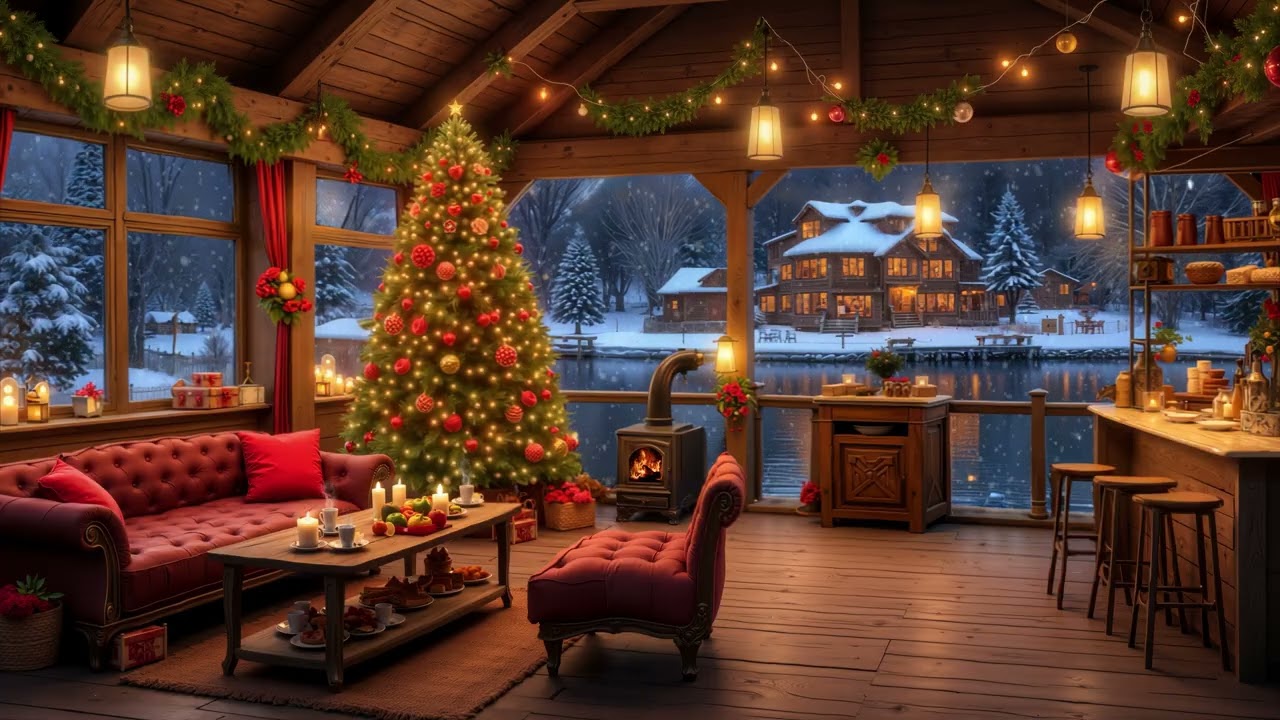 Cozy Christmas Coffee Shop ☕ Fireside Jazz in a Snowfall Winter Cabin by the Lakeside