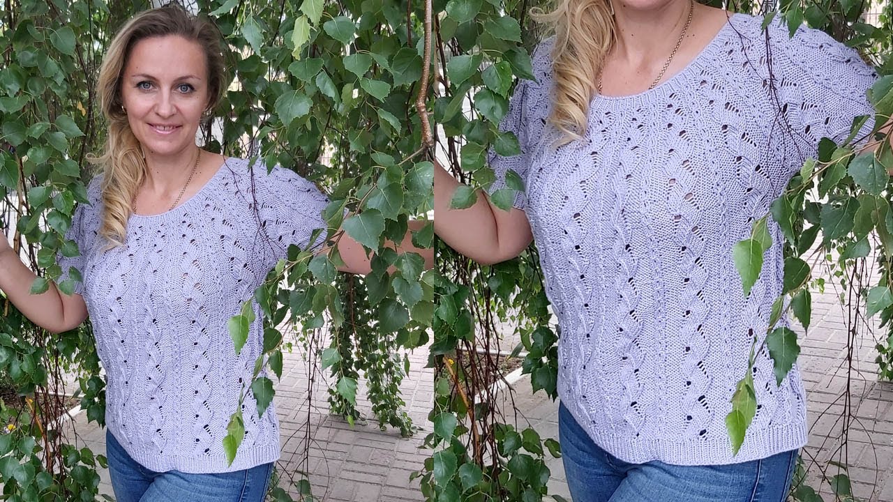 Ажурная кофта спицами  с круглой кокеткой 