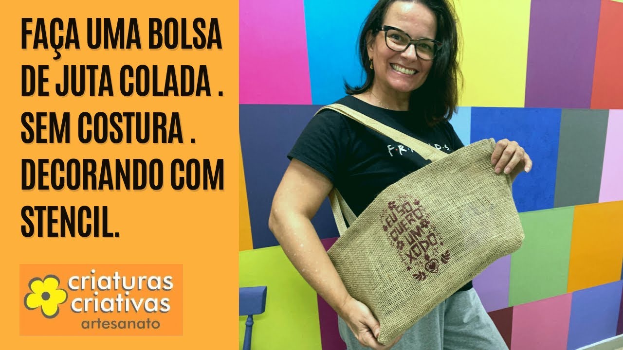 Faça uma bolsa com juta sem costura. Decorando com stencil