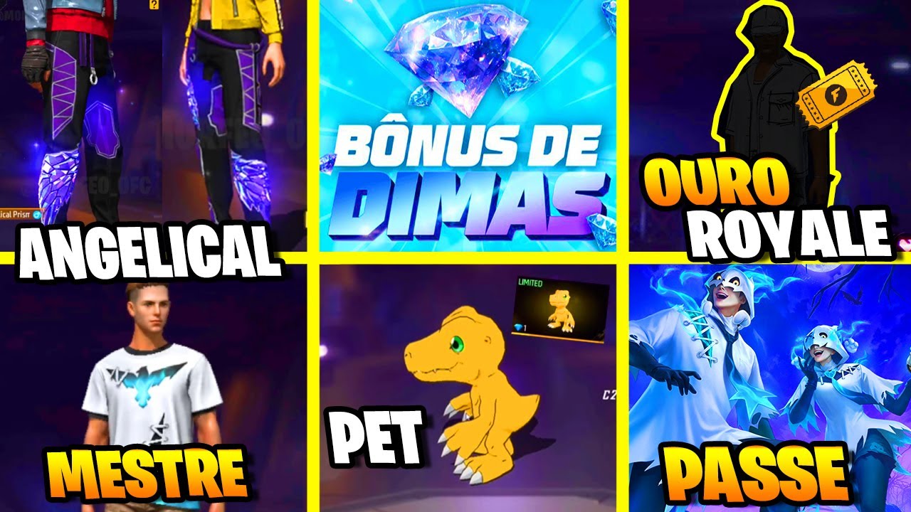 MUDOU OURO ROYALE, ANGELICAL ROXA, DIMA ROYALE, NOVO PET, LOJA PRIME, CALENDARIO SEMANAL FREE FIRE