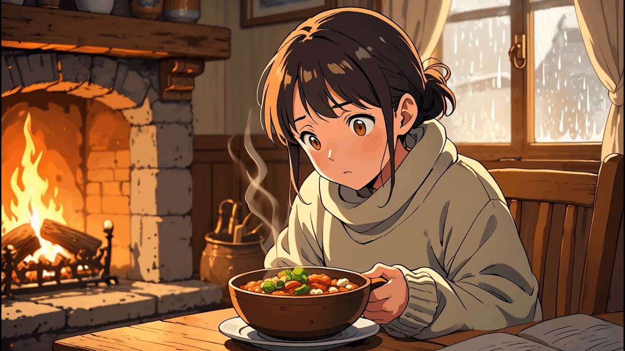 Coming Home Soaked from the Rain: Drying Off, Hot Bath & Cooking Stew |  AI Ghibli Story