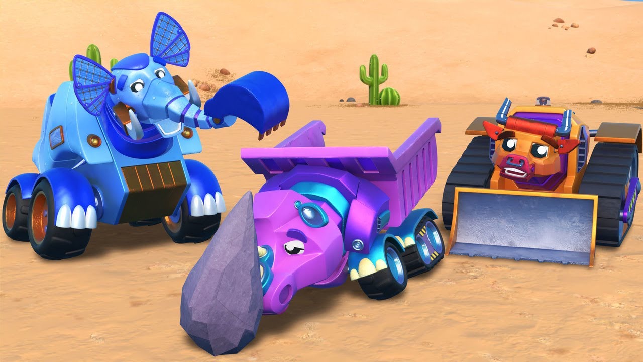 AnimaCars -  The RHINOCEROS DUMP TRUCK is STUCK!  - Cartoons for kids with trucks & animals