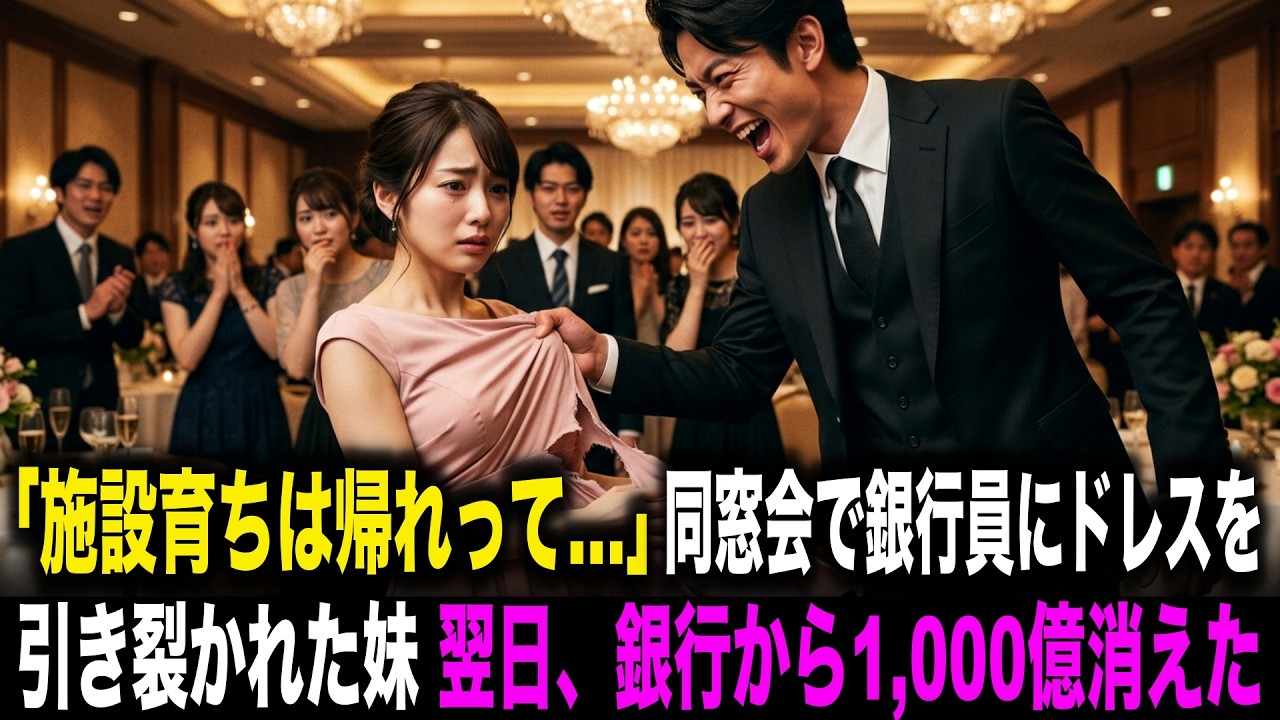 【スカッとする話】「施設育ちは帰れって…」同窓会で銀行員にドレスを引き裂かれた妹。翌日、銀行から1,000億消えた結果