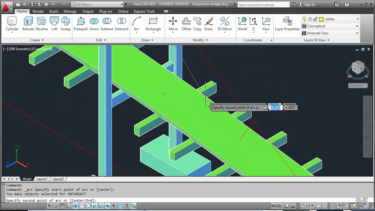 AutoCAD 20 - Drawing a 3D suspension bridge