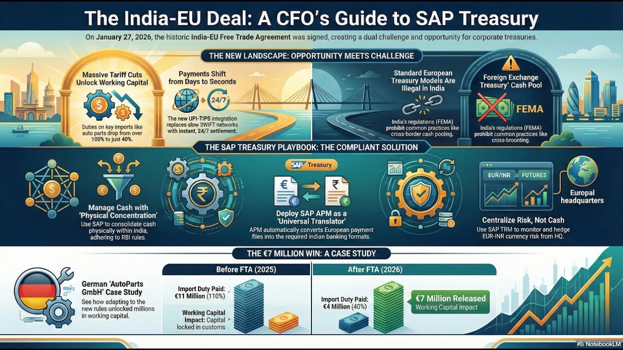 India-EU Trade Deal 2026: The "Mother of All Deals" Explained SAP Treasury UPI-TIPS, Cash Pooling