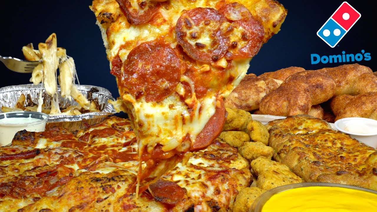 ASMR MUKBANG DOMINO’S EXTRA CHEESE PIZZA, STUFFED CHEESY BREAD, CRISPY CHICKEN | WITH CHEESE + RANCH