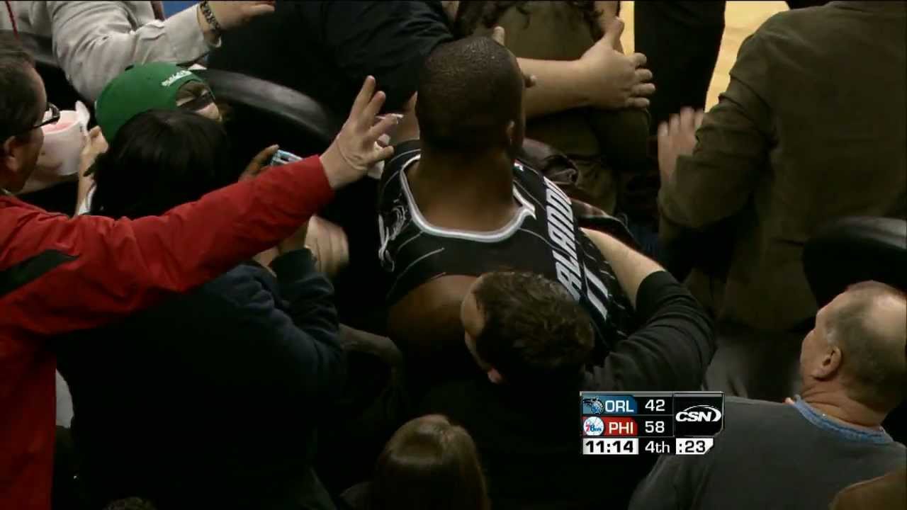 Glen 'Big Baby' Davis crashes into the crowd!
