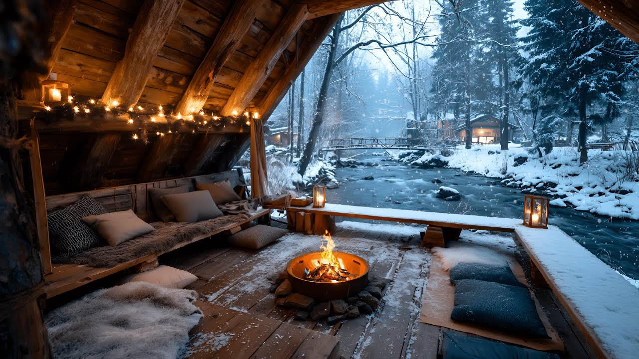 Cozy Riverside Porch in Winter Forest | Crackling Campfire & Nature Sounds Ambience