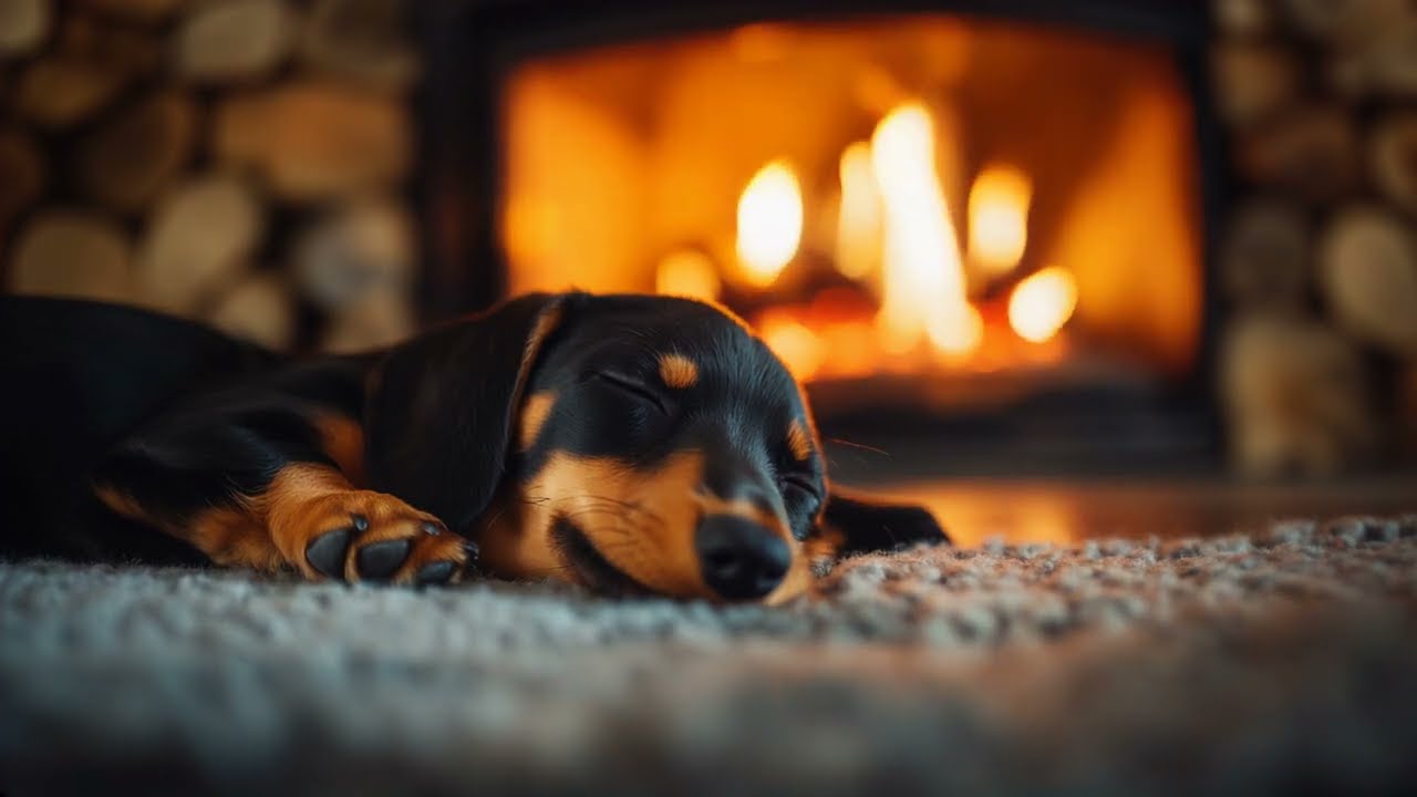 Cozy Fireplace - Sleeping Dachshund Puppy 🐾🔥 | 10 Hours of Relaxing Crackling Fire Sounds