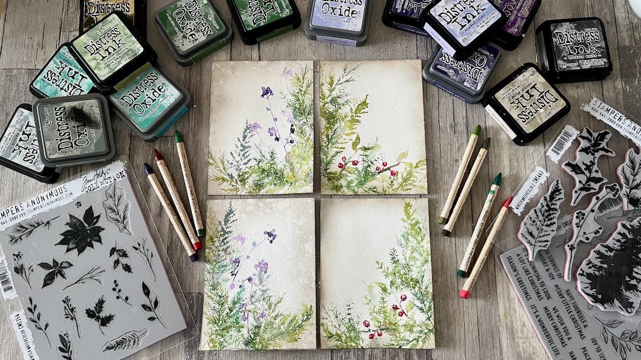 A few minutes of fun with winter greenery - stamping with Distress Inks and Watercolour Pencils