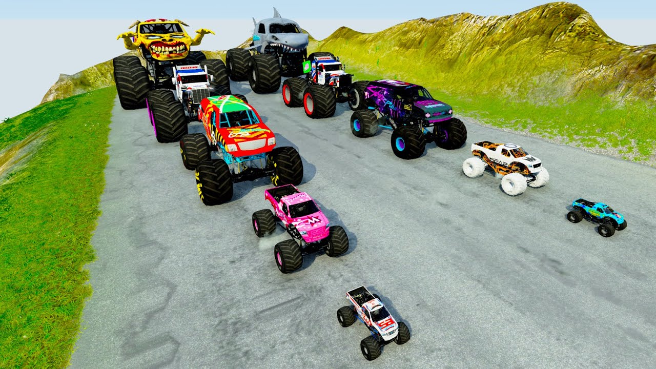 Big & Small Monster Trucks Challenge vs Spinner Wheels Smashing and Crashing