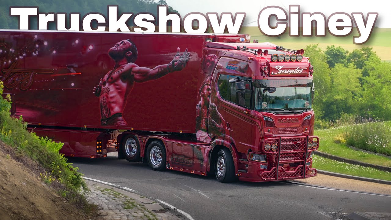 Truckshow Ciney 2025 Part 2 with Sarantos, Scania V8 open pipes sound and custom semi Trucks