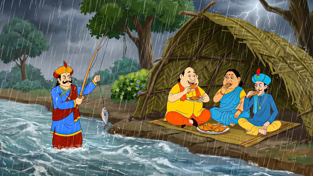 বৃষ্টিতে ভিজতে ভিজতে রাজা মাছ ধরছেন, আর গোপাল ভাঁড় দাদু ও মন্ত্রীজি মজা করে মাছ খাচ্ছেন!Gopal Bhar