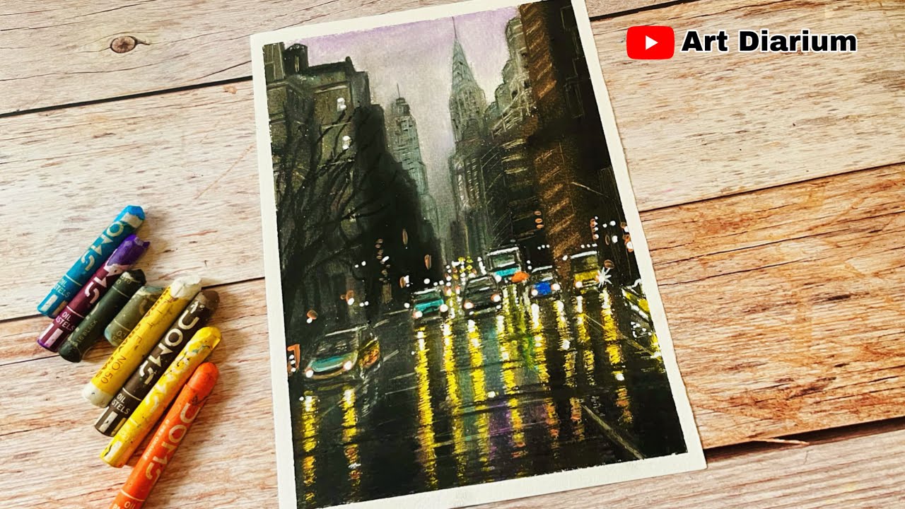 Rainy Season City life drawing with Oil Pastel - Step by Step