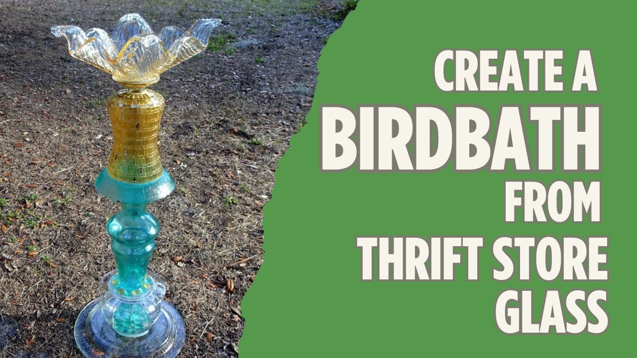 How to Make a Birdbath from Thrift Store Glass DYI [ Teal & Gold Bird bath ] #birdbath #upcycling