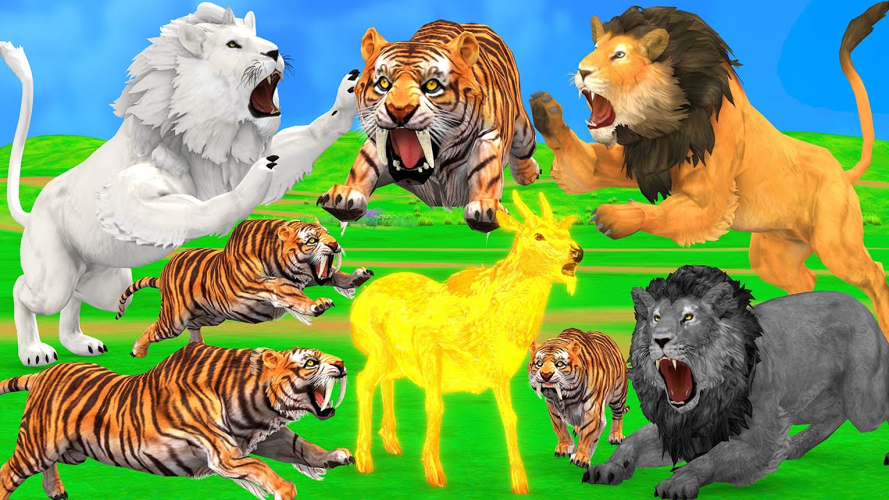 जादुई सुनहरा हिरण के लिए तीन विशाल शेर और 4 भूनि बाघ युधGolden Deer 3 Giant Lions Vs 4 Hungry Tigers