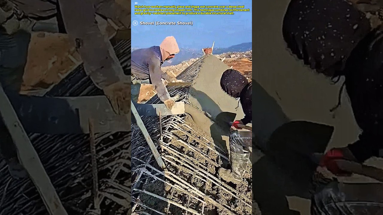 Workers Pouring Concrete on a Steep Roof : How Reinforced Concrete Roofing Is Built