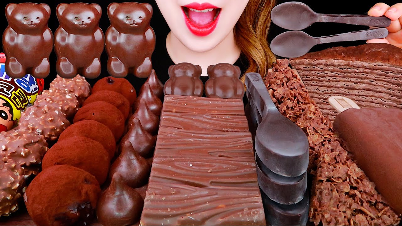 ASMR CHOCOALTE BEAR, SPOON, RICE CAKE EATING SOUNDS MUKBANG 초콜릿 디저트 초코 먹방 咀嚼音