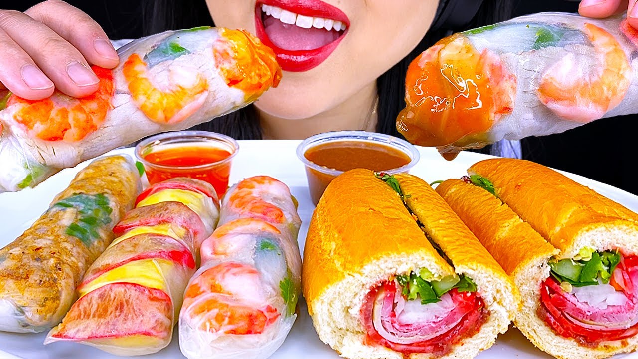 ASMR SHRIMP SPRING ROLL & BANH MI COMBO SANDWICH *3 Different Spring Rolls* (Mukbang) ASMR Phan