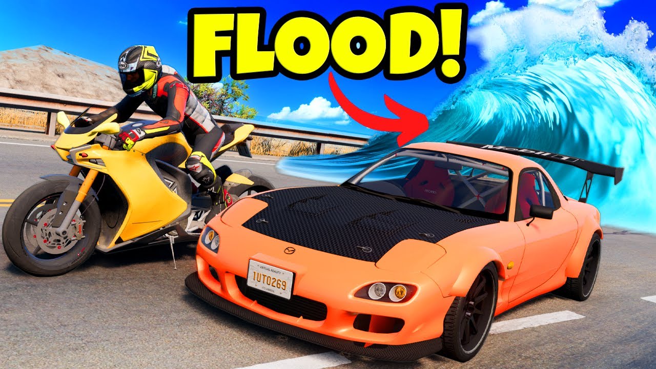 Escape The Flood But With Upgraded Motorcycles and Cars in BeamNG Drive Mods!