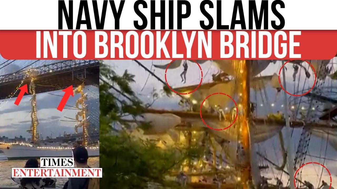 Mexican Navy Ship CRASHES Into Brooklyn Bridge; Crew Clings To Masts In Panic | NYC | Viral Video