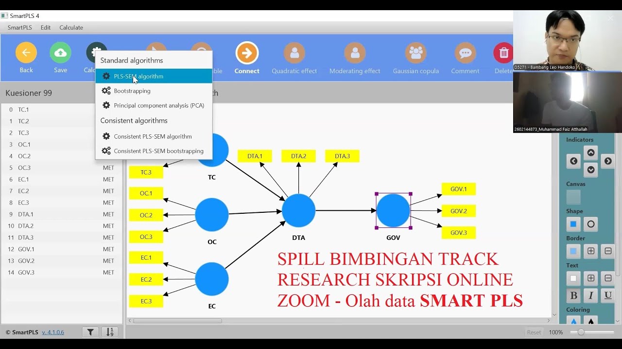 Spill Ngajarin olah data Smart PLS DASAR ke mahasiswa bimbingan Track Research Skripsi Online Zoom.