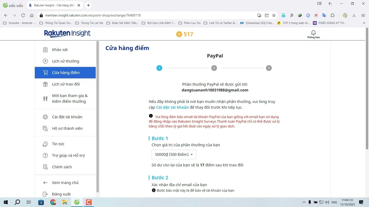 Đổi điểm của website khảo s&aacute;t Rakuten Insight th&agrave;nh tiền USD của v&iacute; Paypal