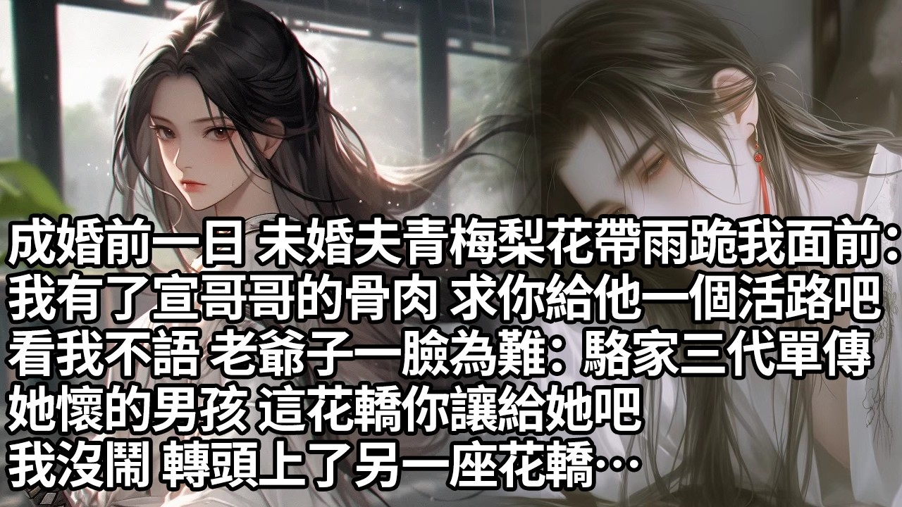 【一口氣看完】成婚前一日 未婚夫青梅梨花帶雨跪我面前：我有了宣哥哥的骨肉 求你給他一個活路吧，看我不語 老爺子一臉為難：駱家三代單傳，她懷的男孩 這花轎你讓給她吧，我沒鬧 轉頭上了另一座花轎…