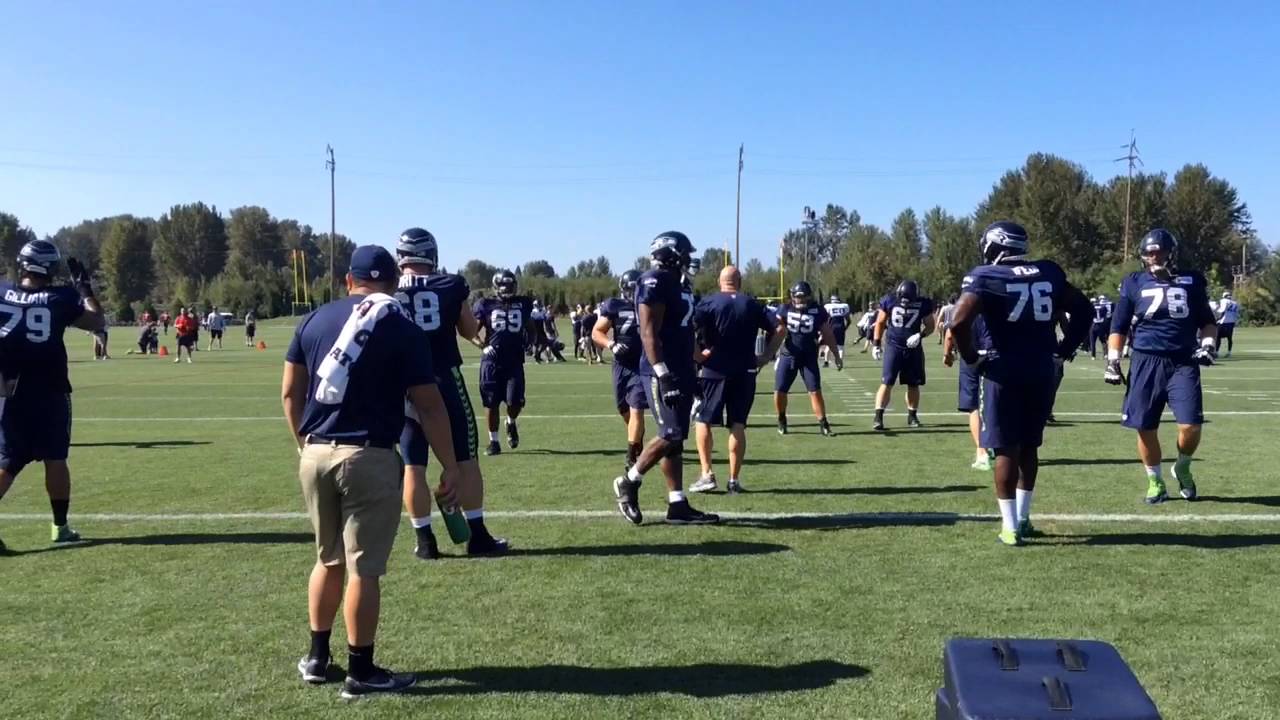 Seattle Seahawks offensive line work out during training camp